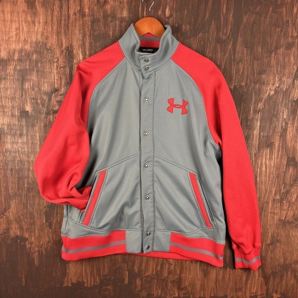 Large Under Armour UA PERFORMANCE Varsity Bomber Jacket Gray Red Grey Mens Large